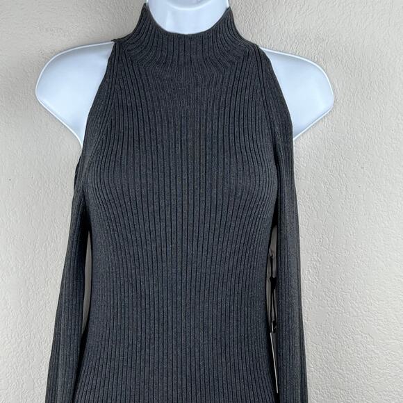 ASTR Charcoal Gray Cold Shoulder Mock Neck Bodycon Midi Sweater Dress Medium NWT - Picture 6 of 14
